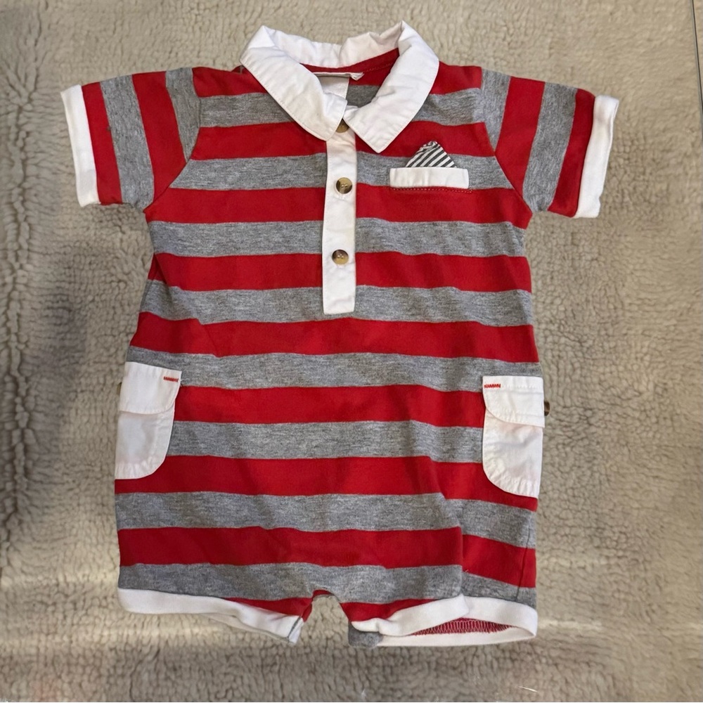 Miniclasix Red and Gray Striped Baby Romper